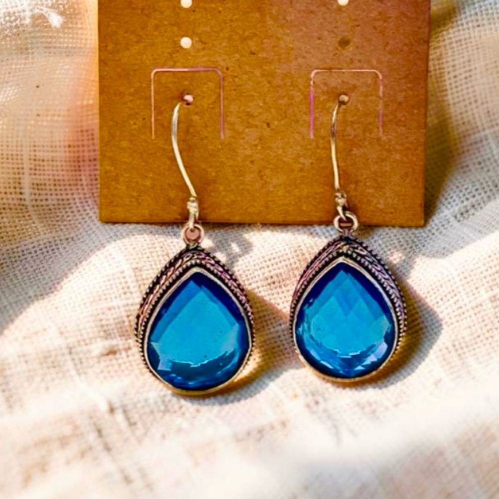 Sterling silver earrings Blue / Teal 925 earrings facets cut Beautiful - Picture 12 of 13